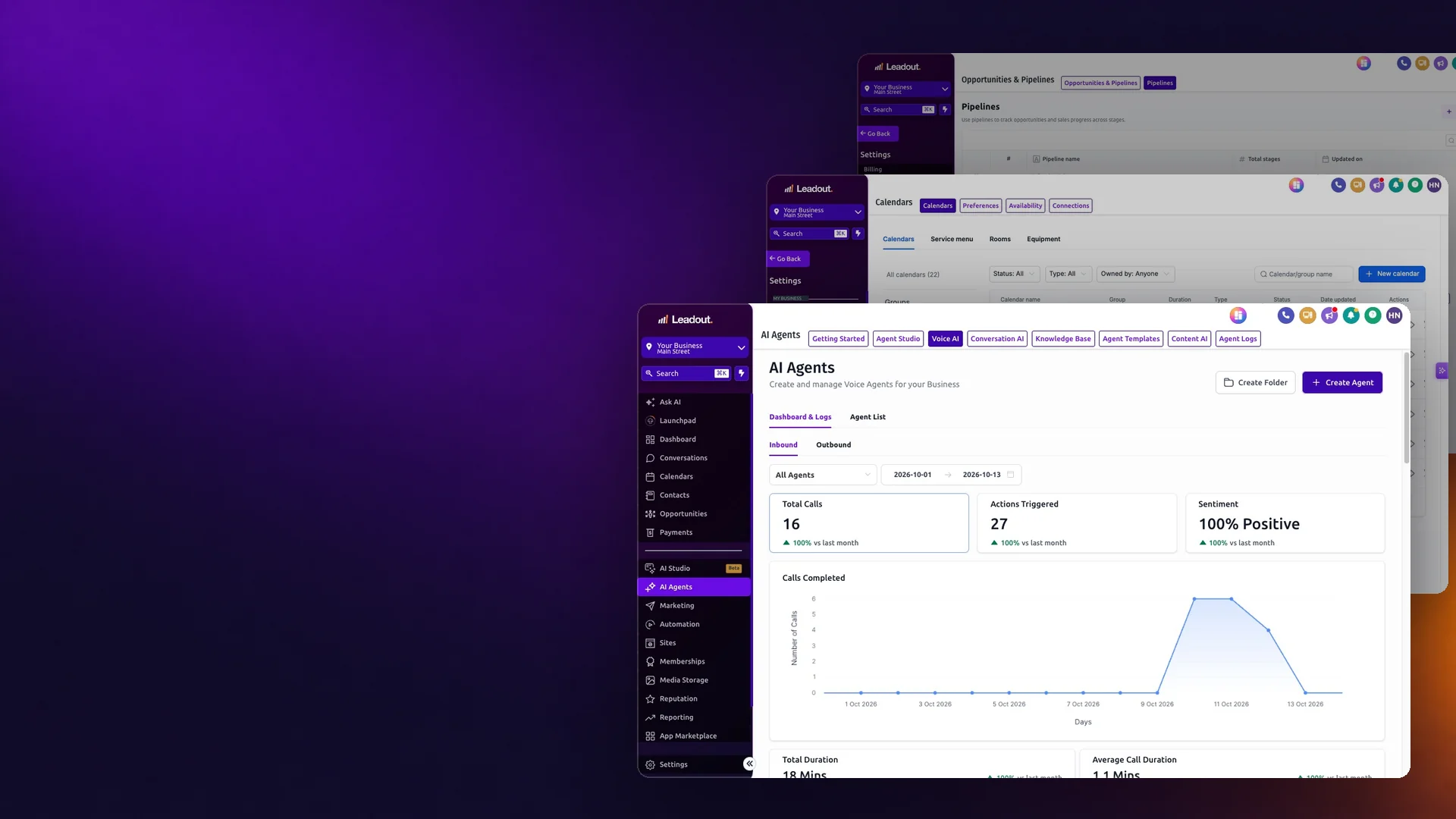 Leadout app windows showing the AI agents dashboard, calendars and pipelines