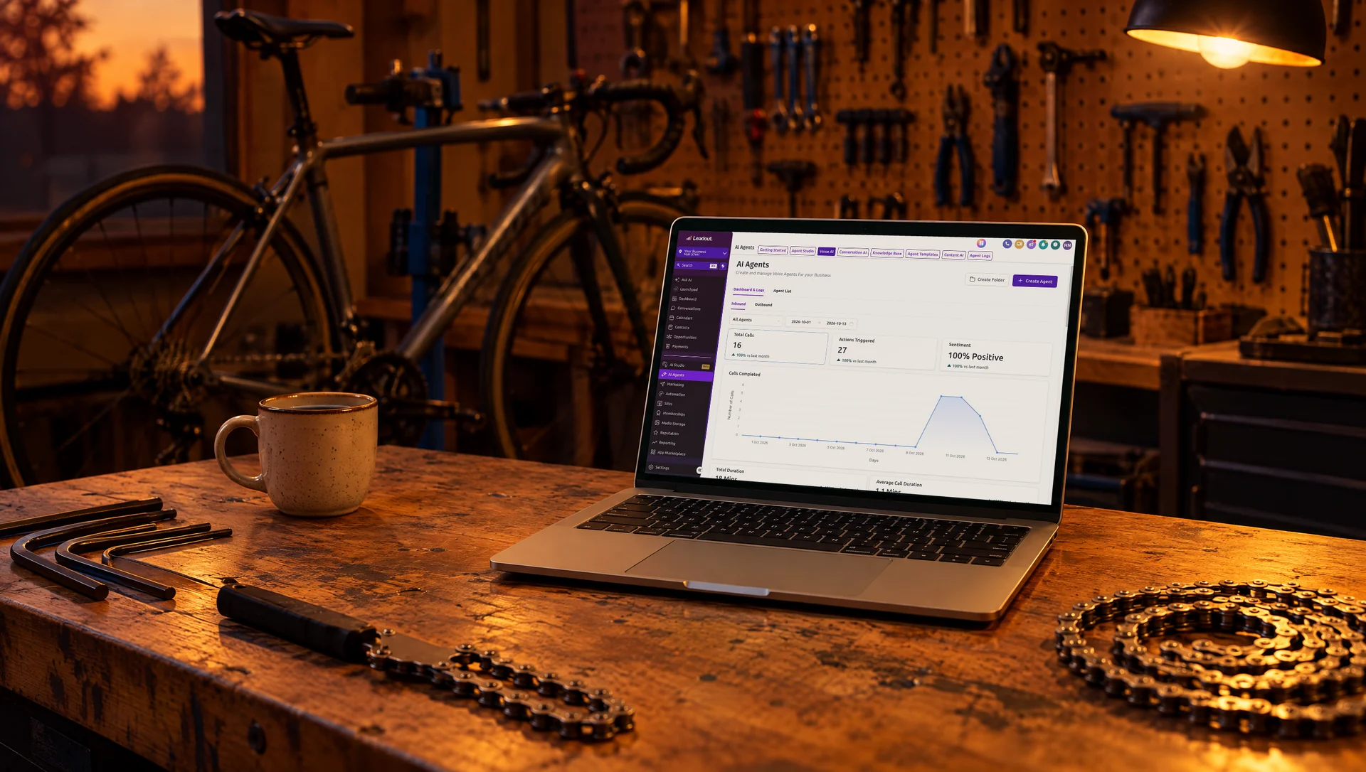 A workshop bench with a laptop showing the Voice AI call dashboard