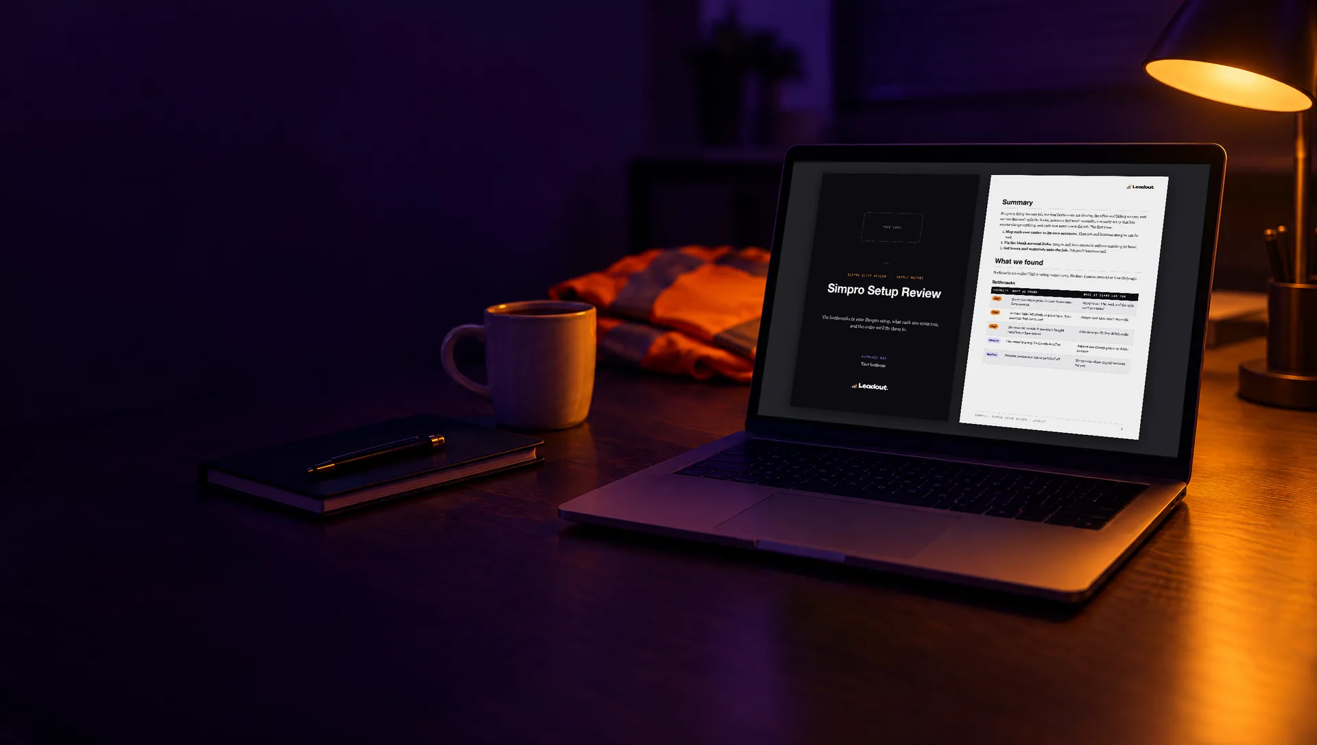 A sample Simpro Setup Review report open on a laptop: the cover and a page of ranked bottlenecks